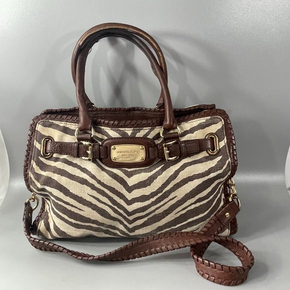 Michael Kors Hamilton Zebra Print Brown Ivory EW Large Tote Satchel - Picture 1 of 14